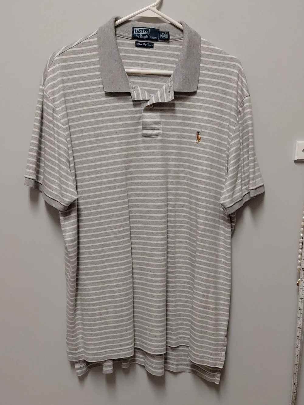 Polo by Ralph Lauren Light Gray & White Striped Pima  Cotton Polo, Size XXL